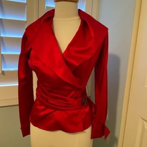 Finley red blouse. Shawl collar with attached belt.